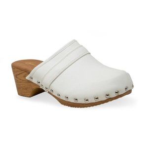 WOMENS CLOGS FAUX WOOD STUDDED CHUNKY MULES  White Size 6
